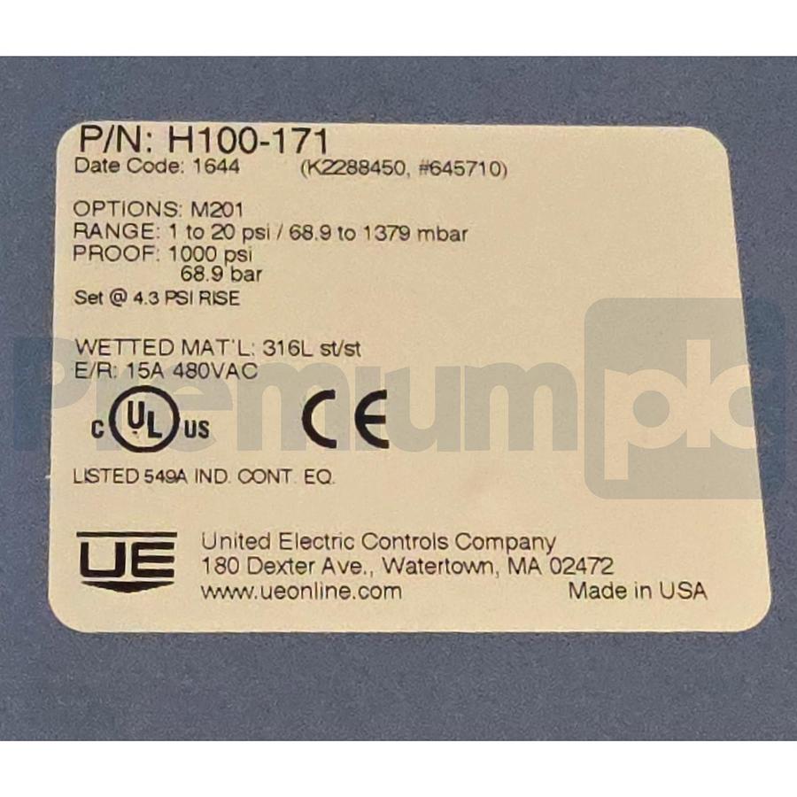 United Electric Controls H100-171 M201 Pressure Switch 1-20 PSI | Set @ 4.3 PSI