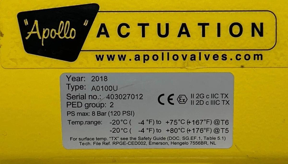 APOLLO A0100U / 88A148AR SPRING-RETURN ACTUATOR AND BALL VALVE 2'' 316SS NSNP