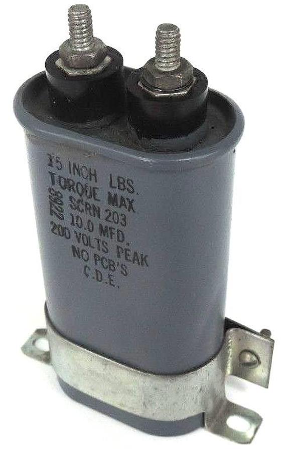Used C.D.E CAPACITOR SCRN 203 10.0 MFD 200V 15 INCH LBS. TORQUE MAX SCRN203