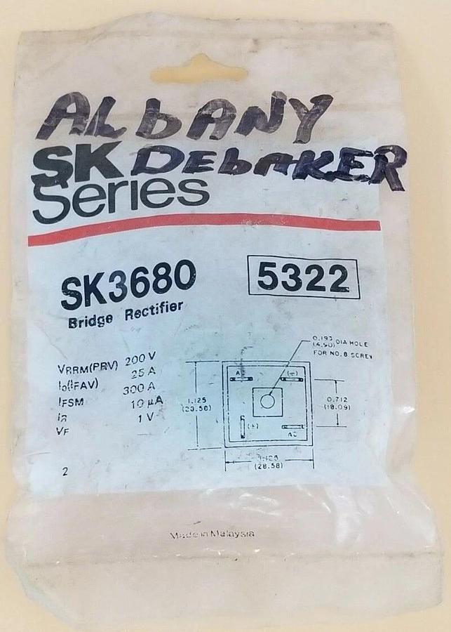 Used NEW RCA SK3680 BRIDGE RECTIFIER SK SERIES 5322, 200V, 25A