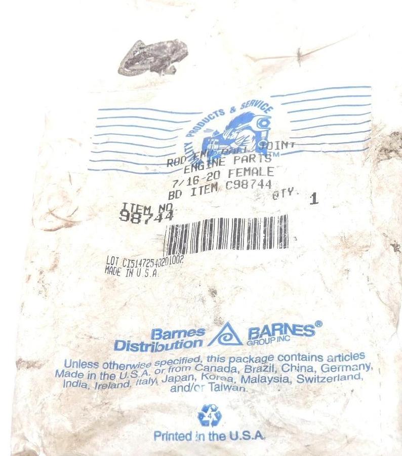 Used NEW BARNES DISTRIBUTION 98744 ROD END BALL JOINT 7/16-20 FEMALE BD ITEM C98744
