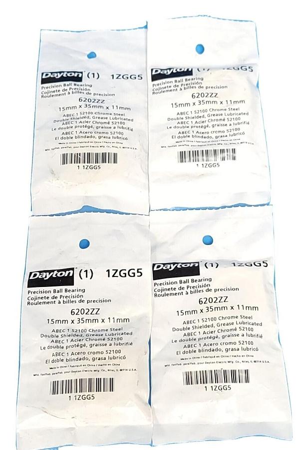 LOT OF 4 NEW DAYTON 1ZGG5 BALL BEARINGS 6202ZZ 15MMX35MMX11MM