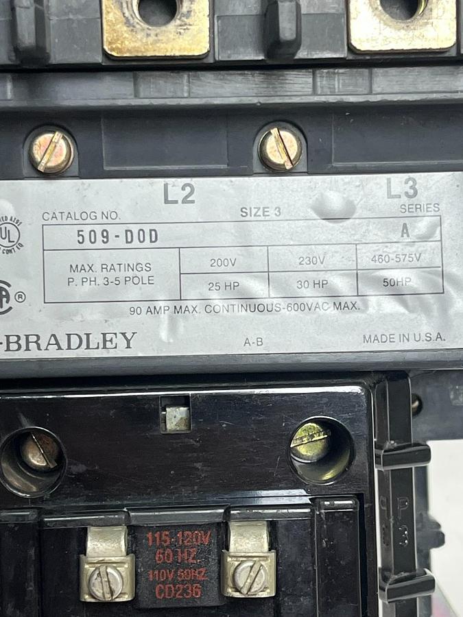 Used Allen-Bradley 509-DOD Series A NEMA Size 3 Starter | 90A 120V Coil | 3-Pole