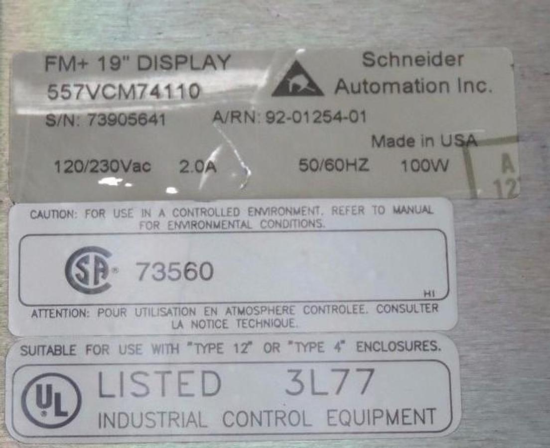 Used SCHNEIDER AUTOMATION 557VCM74110 OPERATOR INTERFACE FM+ 19" DISPLAY 92-01254-01