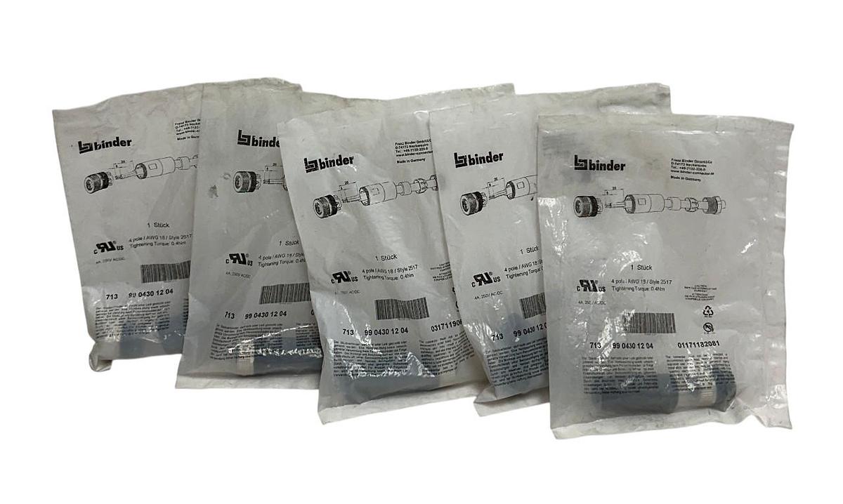 Used 5 BINDER 99 0430 12 04 / 9904301204 CABLE CONNECTORS SERIES 713 4-POLE NSFS