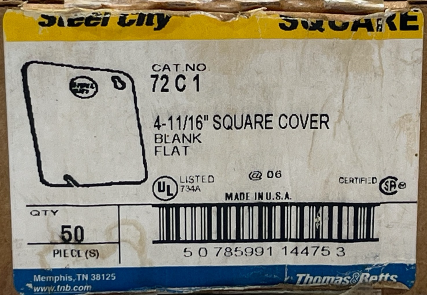 Used NEW Box of 50 Thomas & Betts 72C1 4-11/16" Square Blank Cover | Steel City