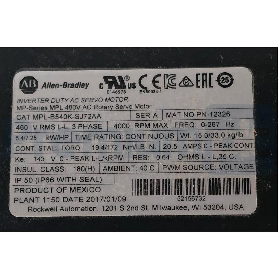 Allen Bradley MPL-B540K-SJ72AA /A Kinetix MPL AC Servo Motor 460V 5.4kW NSNP