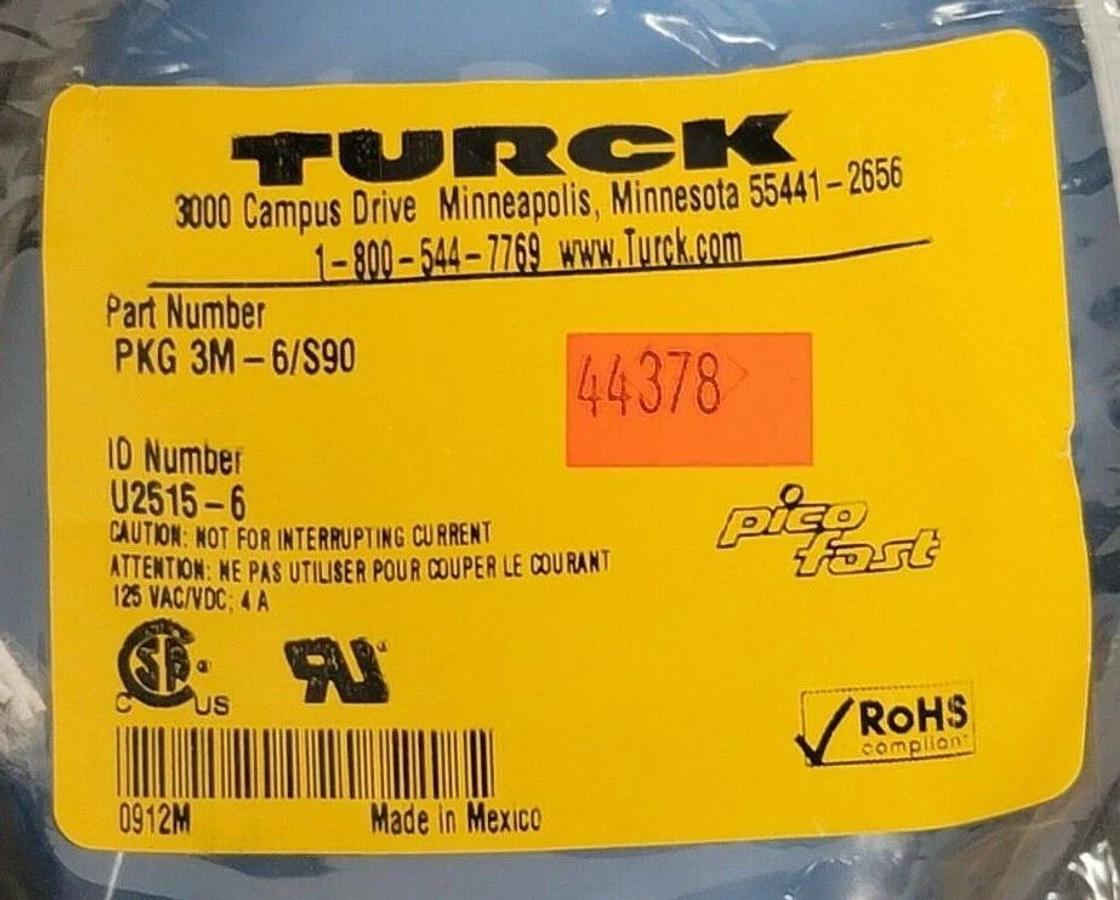 Used NEW TURCK PKG 3M-6/S90 MOLDED CORDSET PICOFAST SERIES IDENT. NO. U2515-6