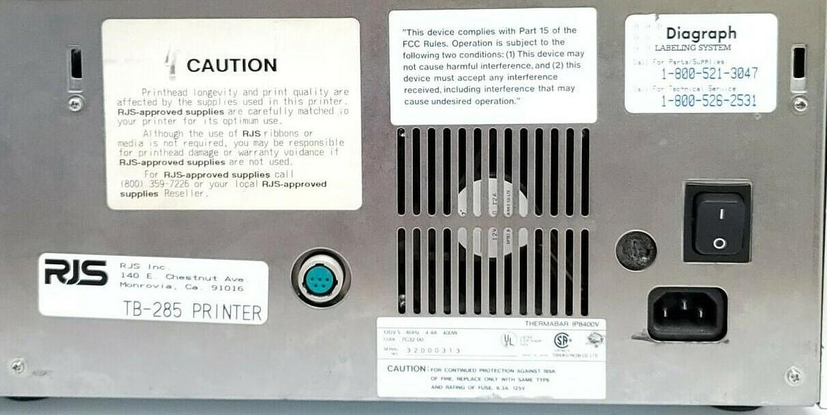 Used RJS IP8400V THERMABAR VERFIED PRINTING SYSTEM TB-285 PRINTER