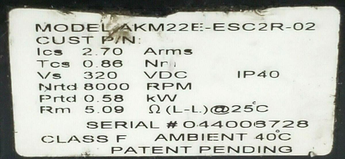 Used LOT OF 2 DANAHER MOTION AKM22E-ESC2R-02 SERVOMOTORS 320VDC 2.7 ARMS 8000RPM