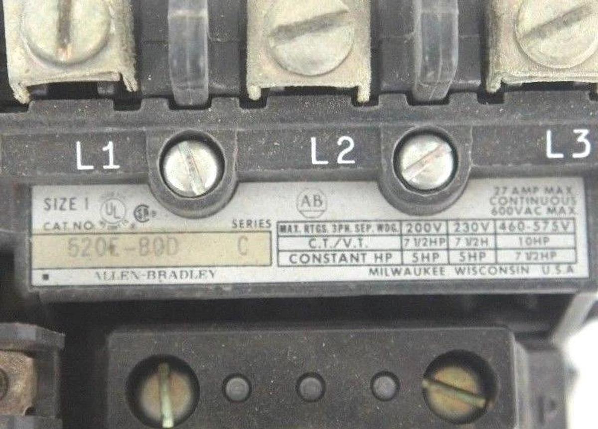 Used ALLEN BRADLEY 520E-BOD REVERSING STARTER SIZE 1 SER. C W/ 500F-BOD93 SER.B
