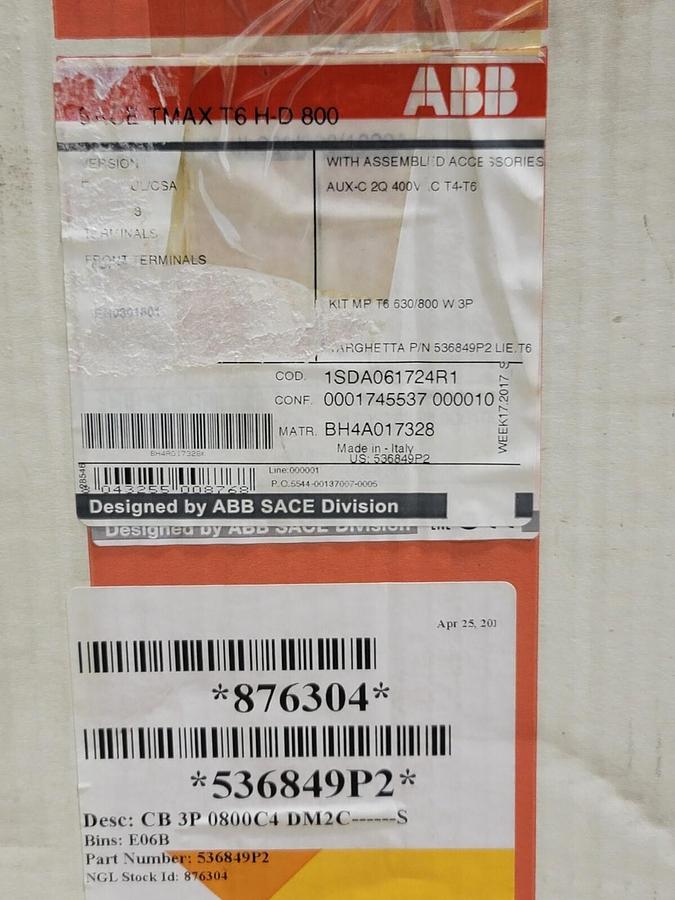 Used NIB ABB SACE T6H-D 800 CIRCUIT BREAKER 536849P2 3 POLE T6HD800