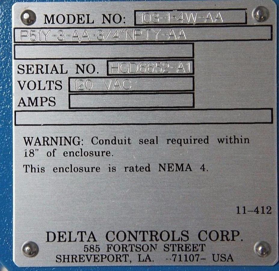 Used NIB DELTA CONTROLS 103-1-4W-AA PROBE P51Y-3-AA-3/4"NPTY-AA 120VAC LEVEL SWITCH