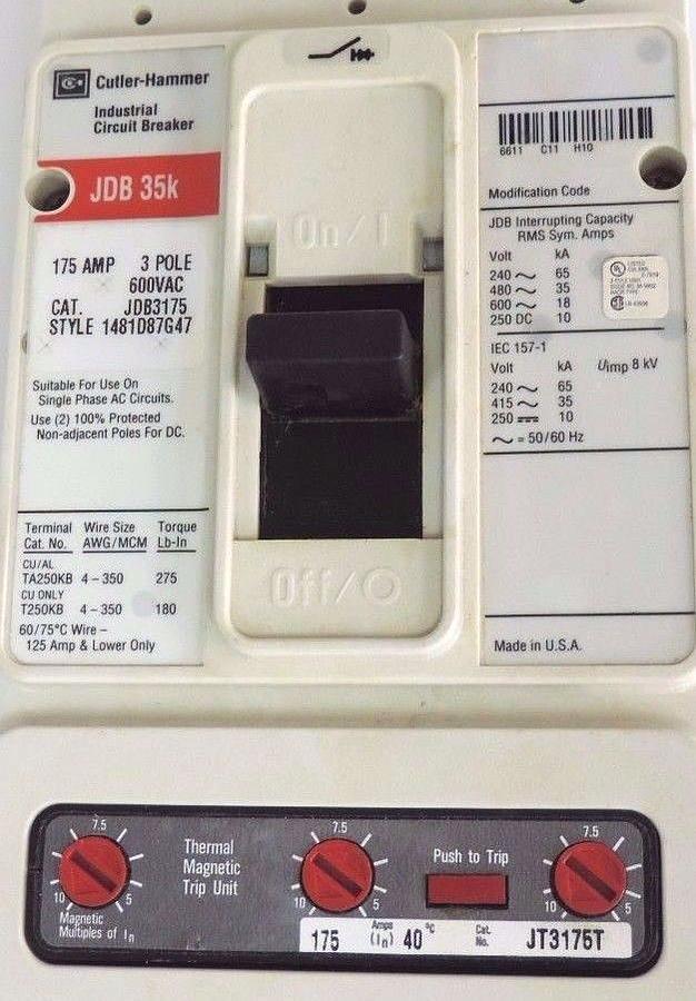 Used NEW CUTLER-HAMMER JDB3175 CIRCUIT BREAKER JDB 35K STYLE: 1481D87G47, 3-POLE