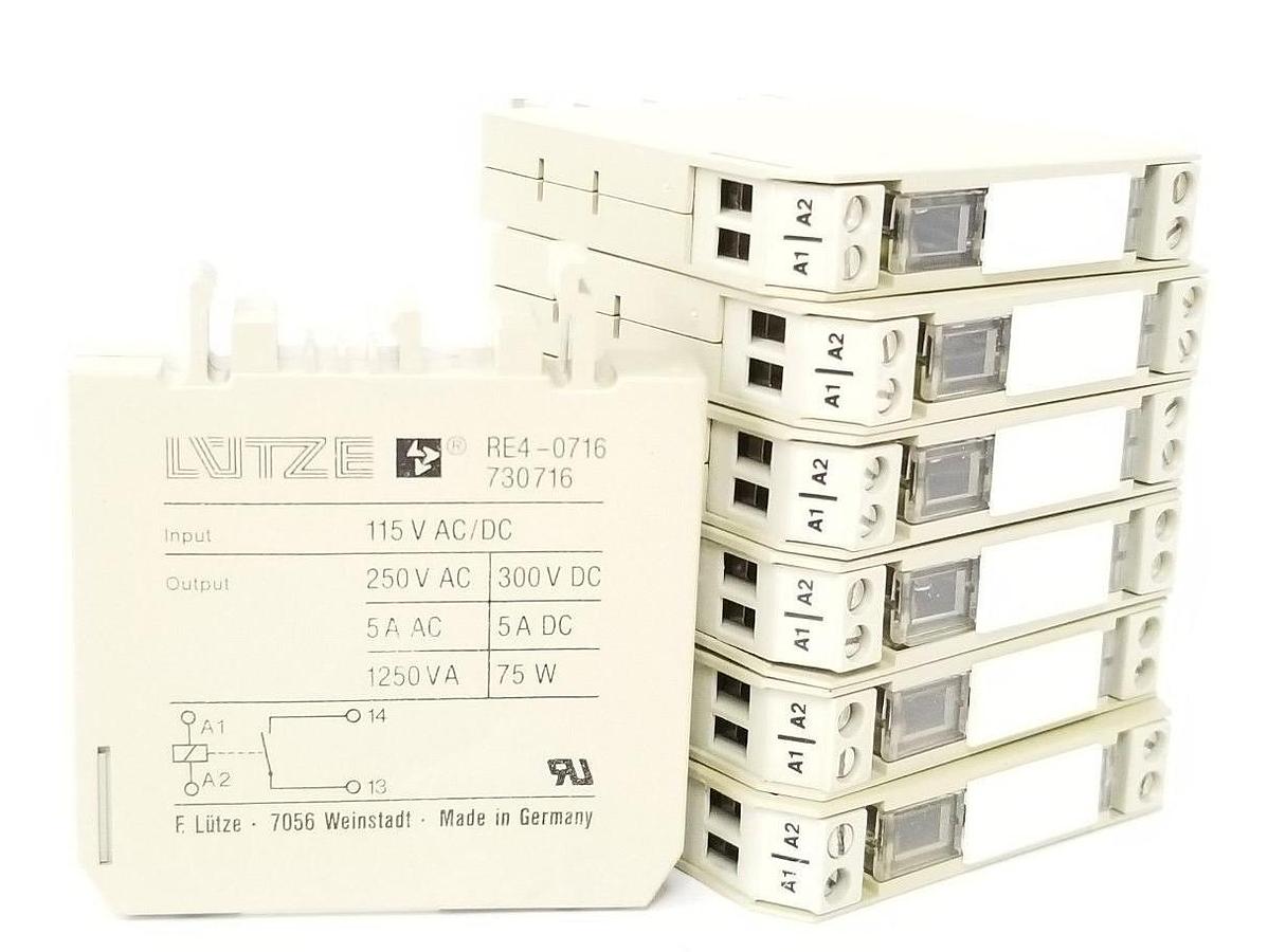 Used LOT OF 7 LUTZE RE4-0716 RELAYS 115V INPUT, 730716, RE40716