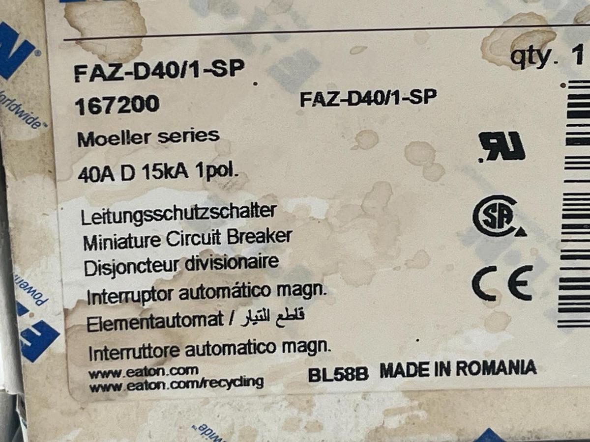 Used Eaton FAZ-D40/1-SP Miniature Circuit Breaker 40A Single Pole D Curve UL 1077