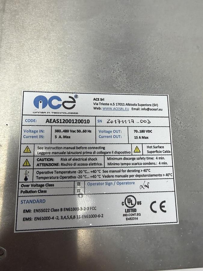 Used ACE INC AEAS1200120010 SWITCHING POWER SUPPLY 380-480 VAC 50/60 HZ