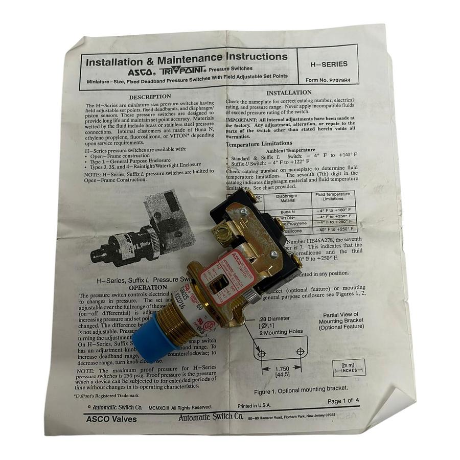 Used ASCO Tri-Point HC16A215 H-Series Adjustable Pressure Switch 80-200 PSI 1/2 NPT