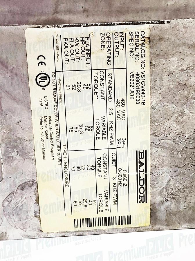 Refurbished REPAIRED ABB BALDOR VS1GV440-1B 40HP 480VAC H2 VECTOR DRIVE SPEC NO: VE2021A10