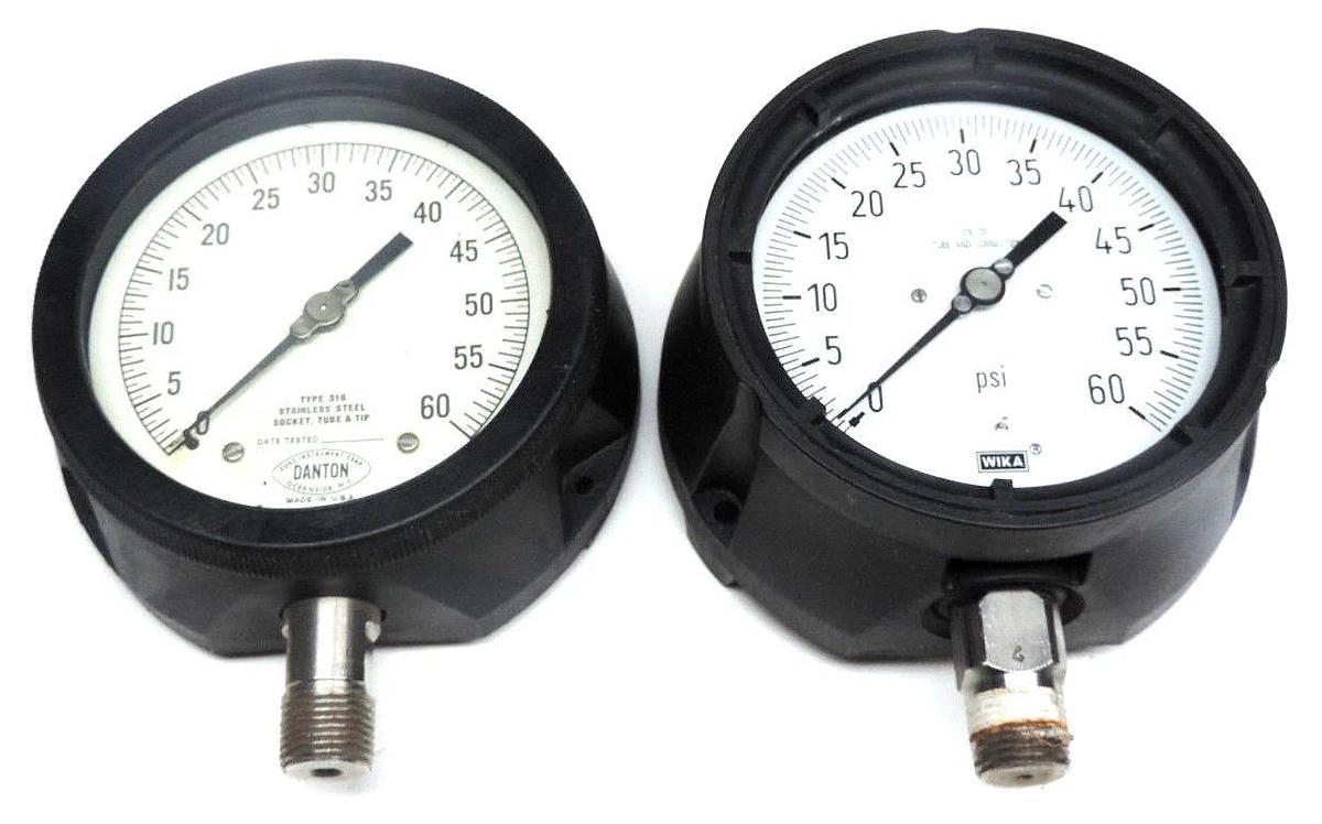 Used LOT OF 2 TYPE 316 STAINLESS SOCKET TUBE & TIP GAUGES (1) DANTON (1) WIKA 1-60PSI