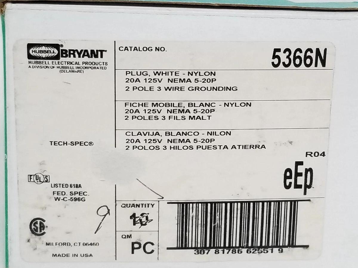 Used BOX OF 5 NEW BRYANT 5366N PLUGS WHITE NYLON 20A 125V NEMA 5-20P 2P 3W GRD