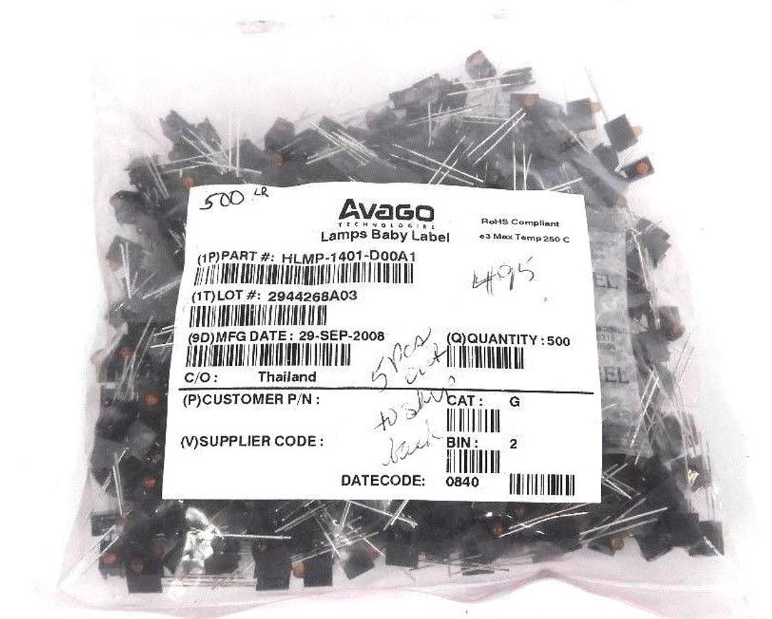 Used BAG OF 495 NEW AVAGO HLMP-1401-D00A1 LED, T-1, YELLOW, 3.6MCD, 585NM LAMPS