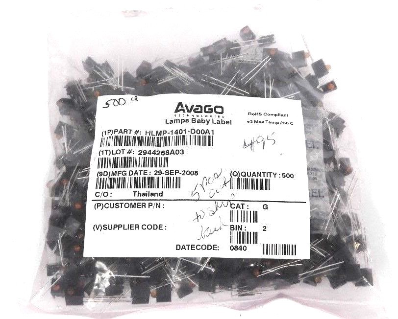 Used BAG OF 495 NEW AVAGO HLMP-1401-D00A1 LED, T-1, YELLOW, 3.6MCD, 585NM LAMPS