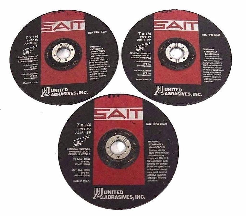Used LOT OF 3 NEW UNITED ABRASIVES INC A24R-BF GRINDING WHEELS 7 X 1/4 TYPE 27