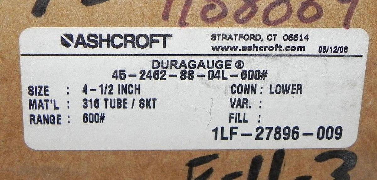 NIB ASHCROFT 45-2462-SS-04L-600# DURAGAUGE SIZE: 4-1/2'' 452462SS04L
