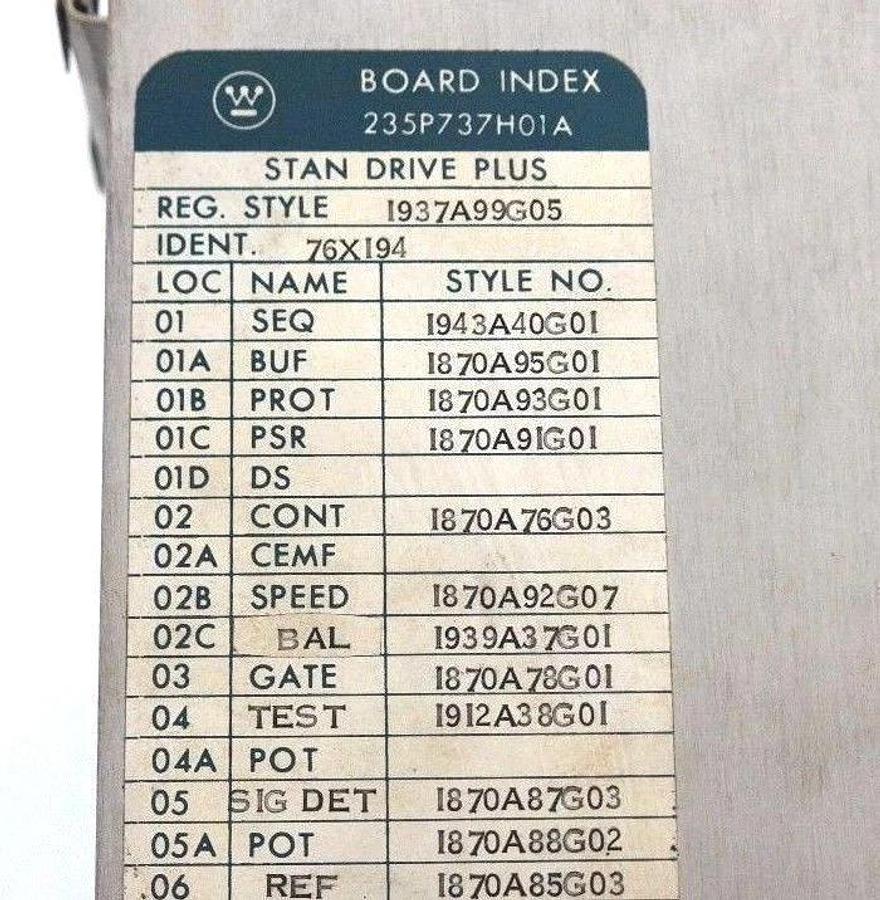 Used WESTINGHOUSE 235P737H01A BOARD INDEX STAN DRIVE PLUS REG.STYLE 1937A99G05 76X194