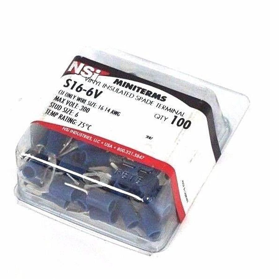 Used LOT OF 100 NEW NSI S16-6V VINYL INSULATED SPADE TERMINALS 16-14 AWG, 300 V MAX