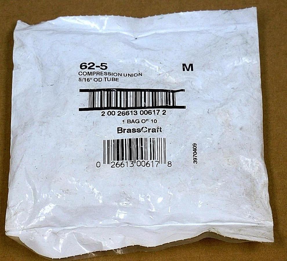 Used BAG OF 10 NEW BRASSCRAFT 62-5 COMPRESSION UNION 5/16'' OD TUBE