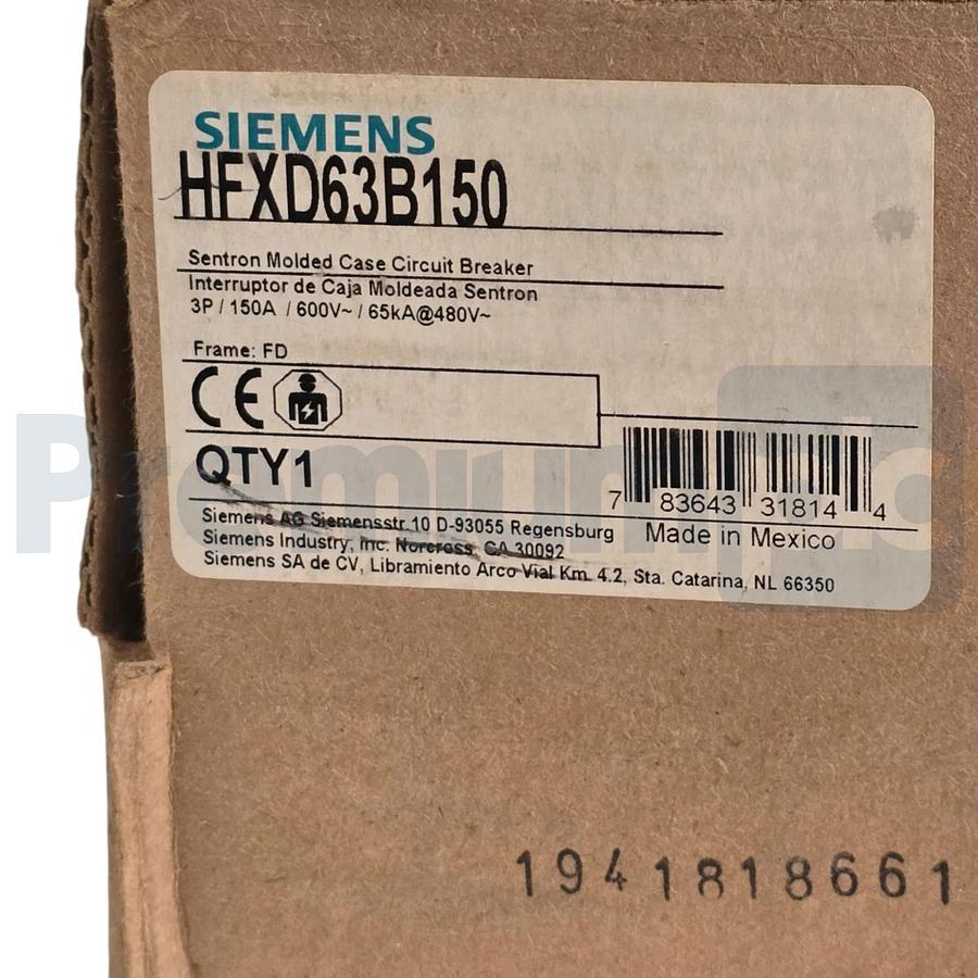 SIEMENS HFXD63B150 SENTRON CIRCUIT BREAKER 3P/150A/600V~/65kA@480V~ w/TRIP NSMP 783643318144
