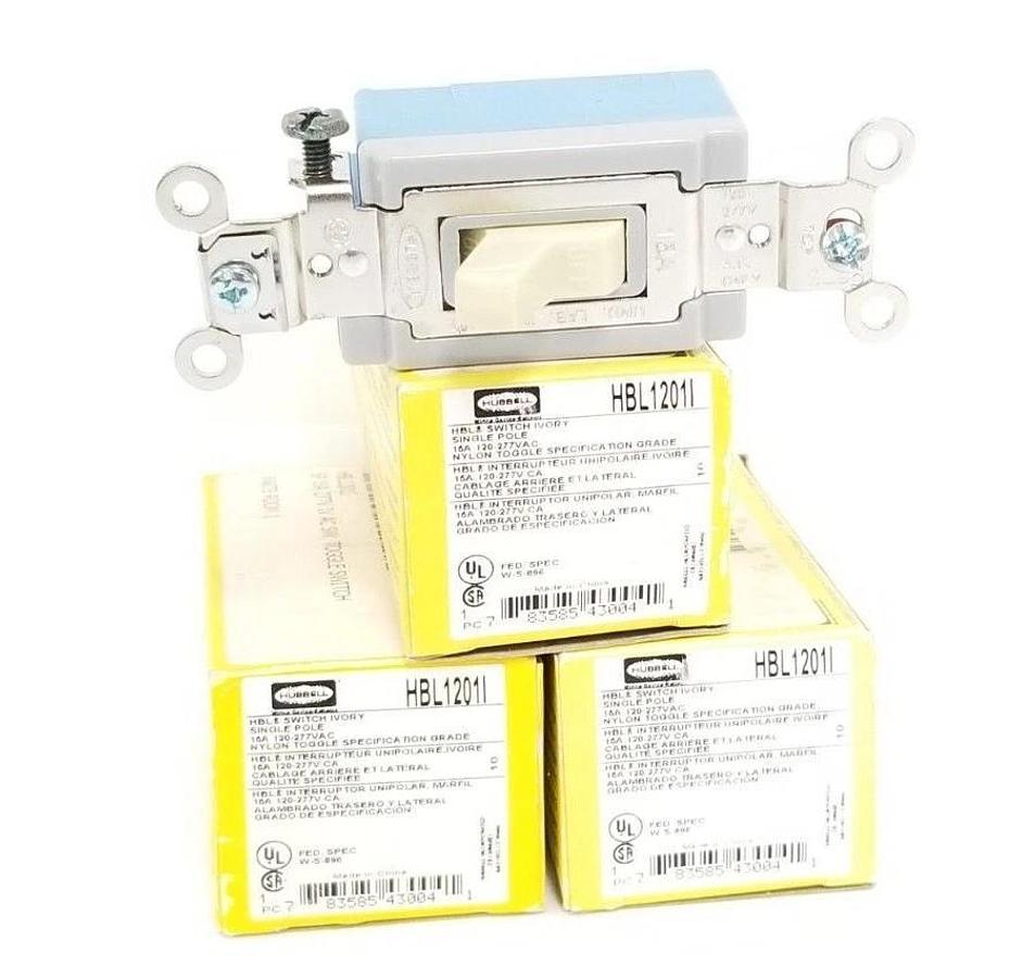 Used LOT OF 3 NIB HUBBELL HBL1201I SWITCH IVORY SINGLE POLE 15A, 120/277V