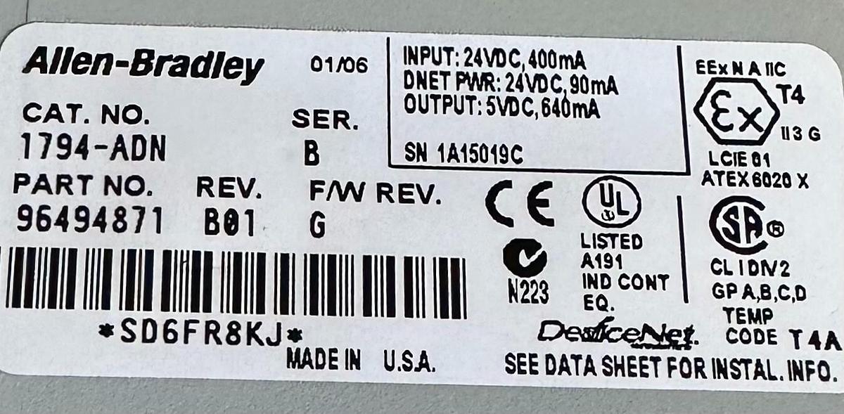 Used ALLEN BRADLEY 1794-ADN /B Flex I/O DeviceNet NETWORK ADAPTER MODULE 1794ADN NSPI