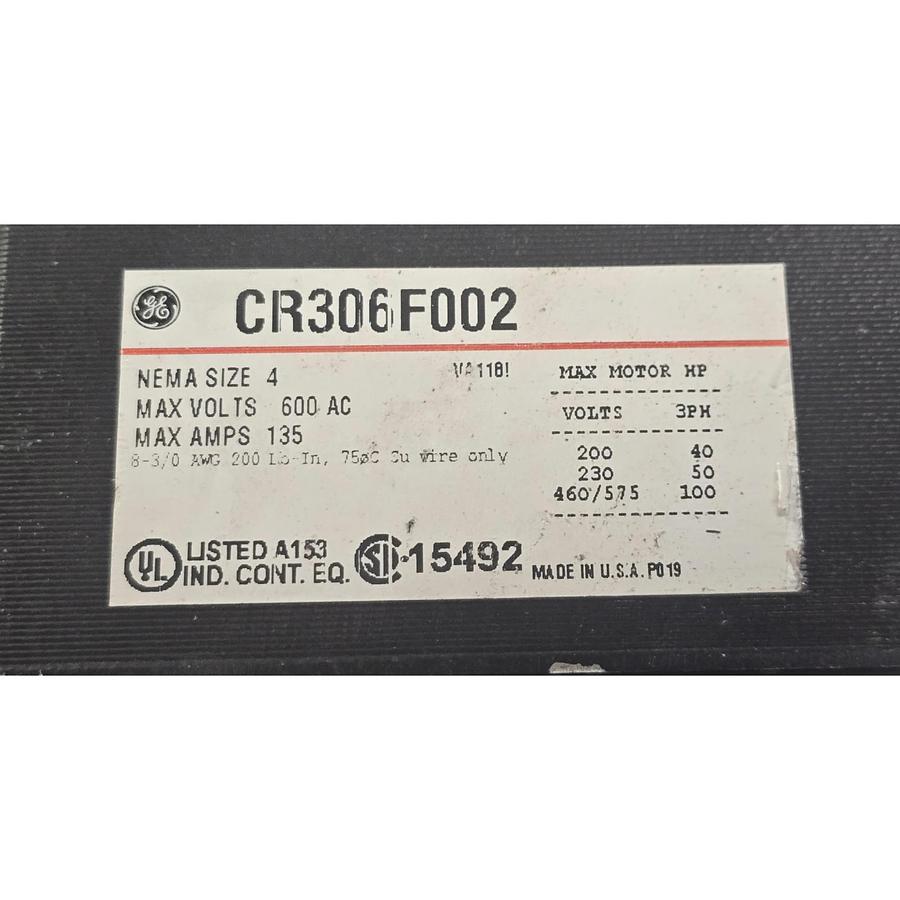 Used GE GENERAL ELECTRIC CR306F002 NEMA SIZE 4 MAGNETIC STARTER 110/120V COIL NSNP