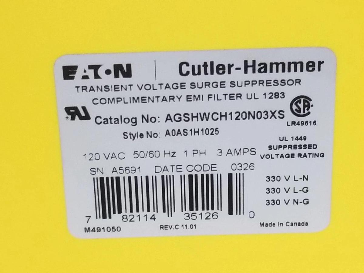 NEW EATON CUTLER-HAMMER AGSHWCH120N03XS FILTER A0AS1H1025, 120VAC, 3AMPS