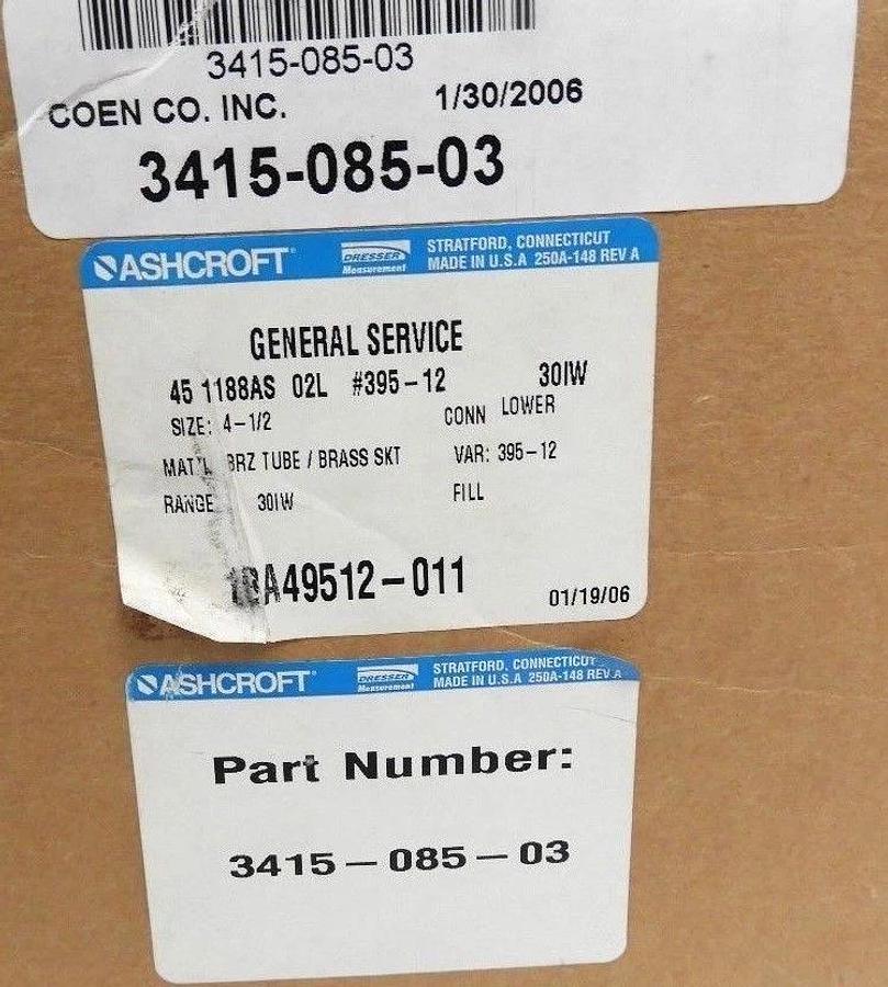 Used NIB COEN ASHCROFT 3415-085-03 BELLOWS GAUGE 451188AS-02L #395-12, 0-30 IN. H2O
