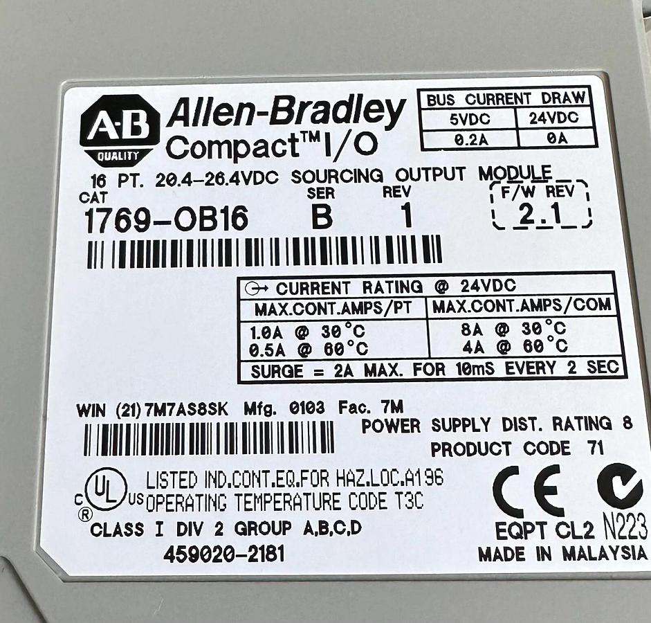 Used ALLEN BRADLEY 1769-OB16 /B Compact I/O 16-PT SOURCING OUTPUT MODULE 1769OB16 *