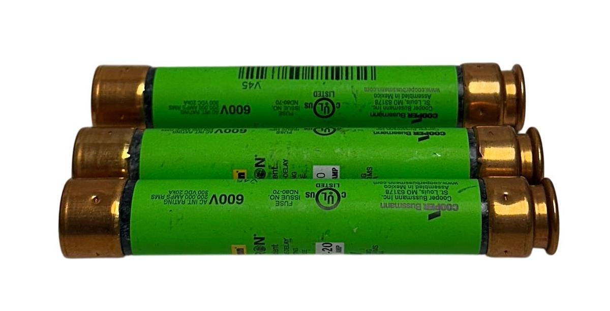 Used 3 BUSSMANN FRS-R-20 / FRSR20 FUSETRON DUAL-ELEMENT FUSES 600V 20A RK5 NSNP