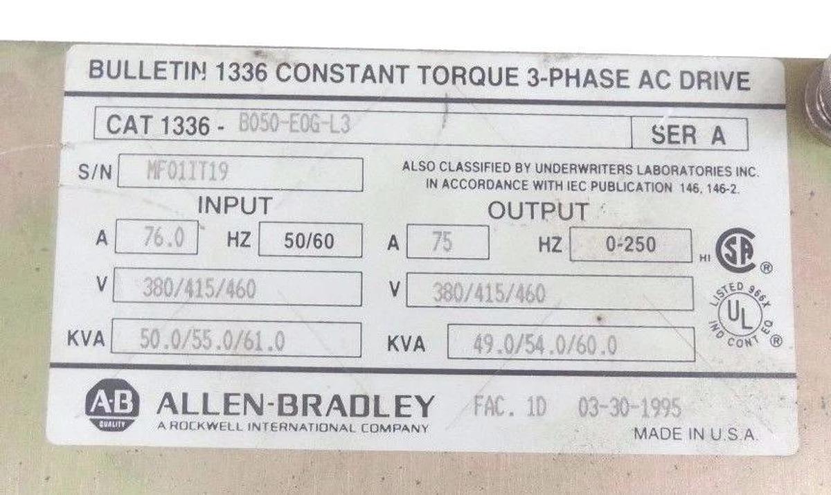 Used ALLEN BRADLEY 1336-B050-E0G-L3 DRIVE COVER ONLY SER A, 1336B050E0GL3
