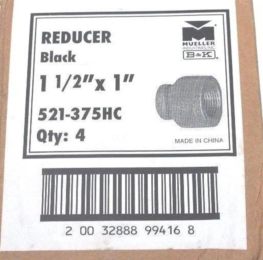 BOX OF 4 NEW MUELLER 521-375HC BLACK REDUCERS 1-1/2" X 1", 521375HC