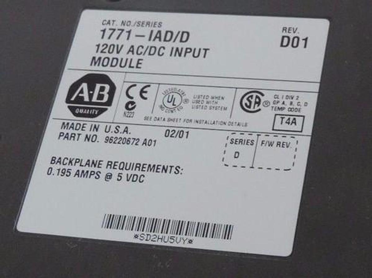 Used ALLEN BRADLEY 1771-IAD/D 120V AC/DC INPUT MODULE P/N: 96220672 A01, REV. D01