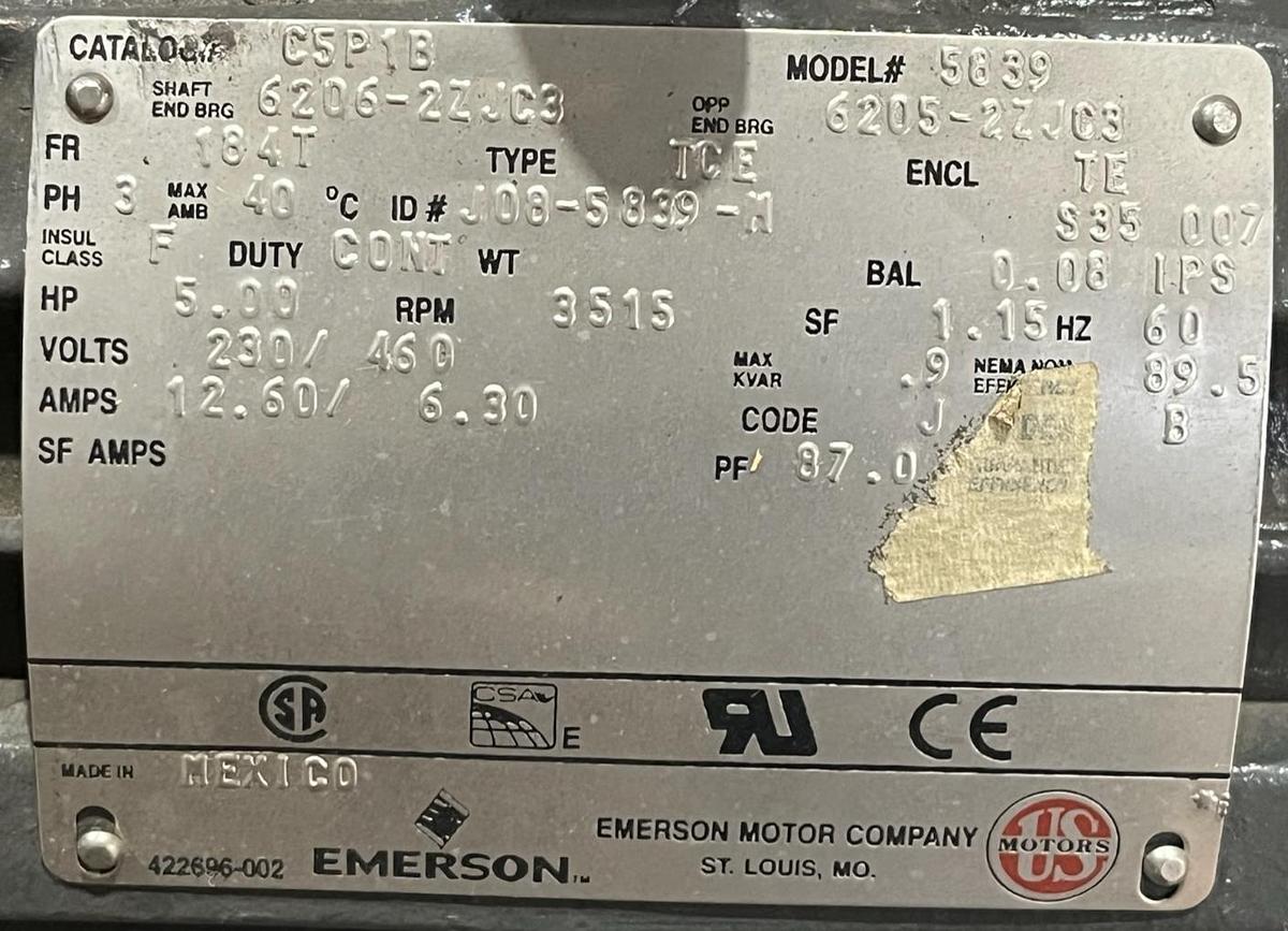 Used Emerson 5HP AC Motor 3515 RPM 230/460V Frame 184T Type TCE TEFC C5P1B 5839