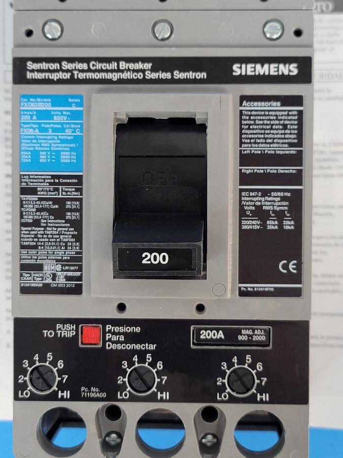 NIB SIEMENS FXD63B200L SENTRON MOLDED CASE CIRCUIT BREAKER 3P 200A 600V