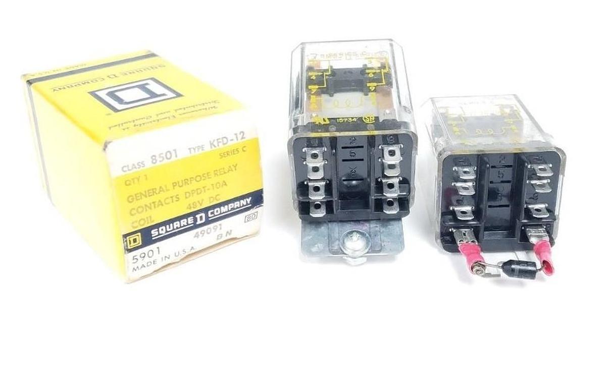 Used LOT OF 2 SQUARE D 8501-KFD-12 RELAYS 48VDC, 2PDT, DPDT-10A, SER C, 8501KFD12