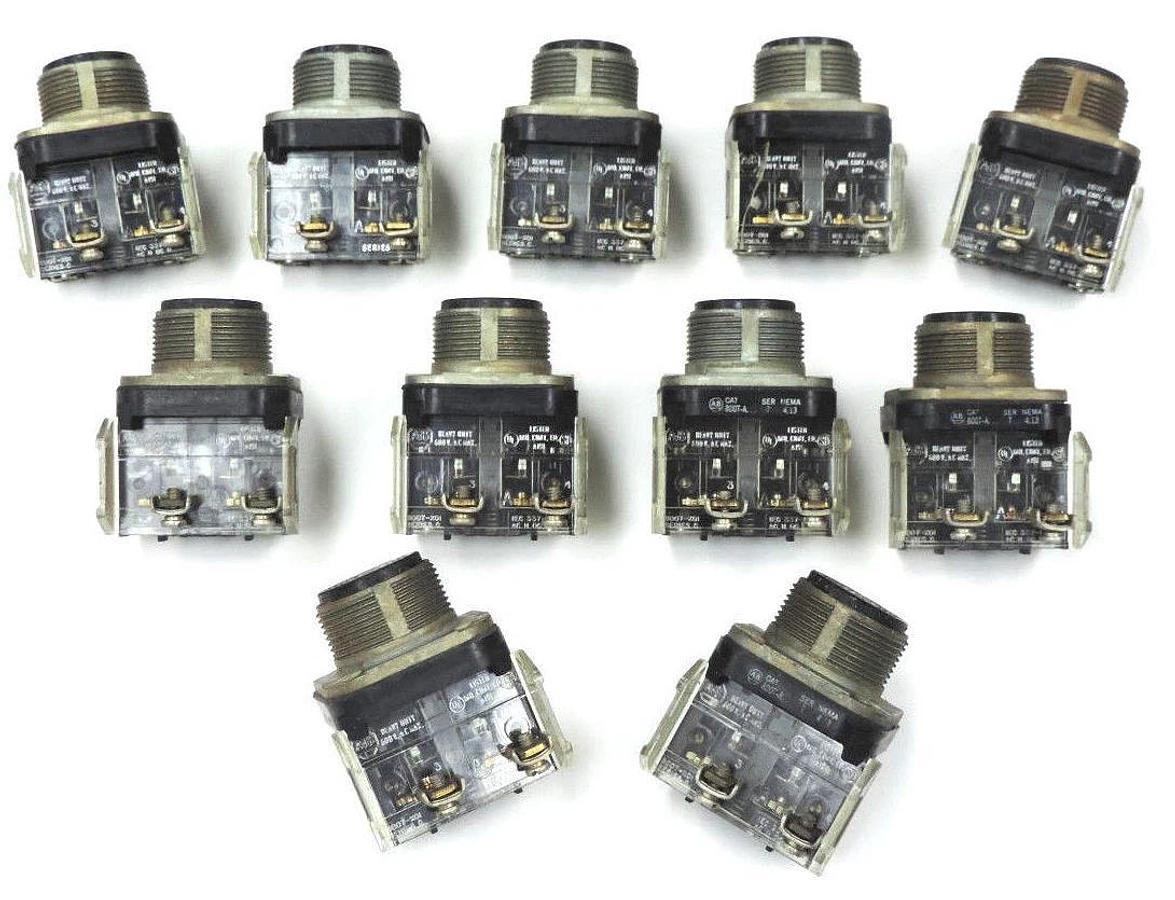 Used LOT OF 11 ALLEN BRADLEY 800T-A PUSHBUTTONS SER. T W/ 800T-XD1 CONTACTS SER. C