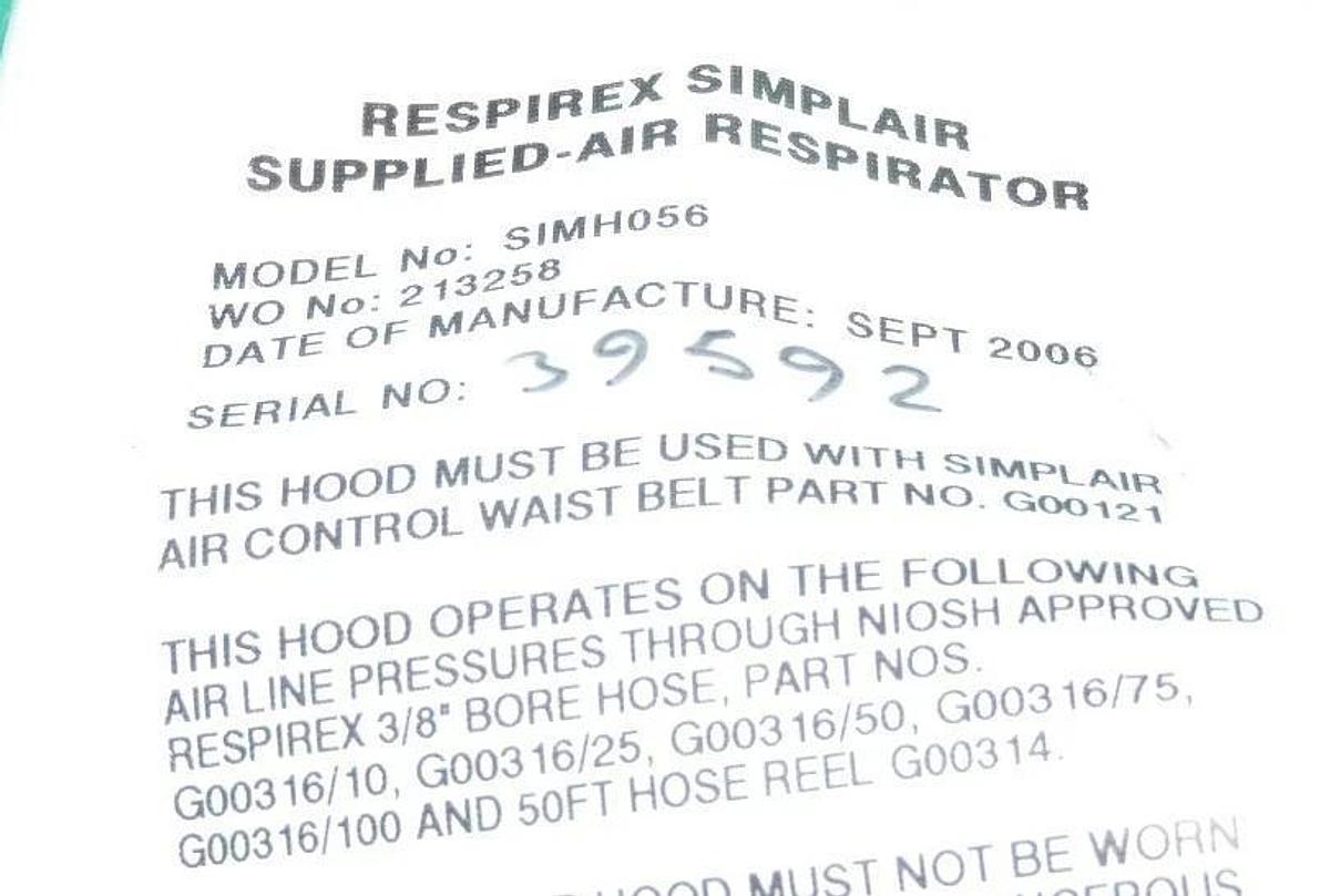 Used RESPIREX SIMPLAIR SIMH056 SUPPLIED AIR RESPIRATOR NIOSH HOOD ASIMH056/73 NEW