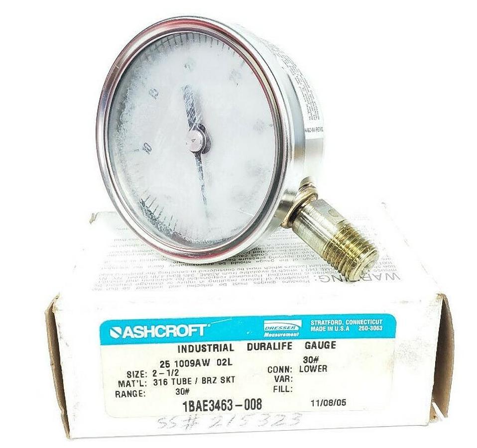 Used ASHCROFT 25-1009AW-02L PRESSURE GAUGE 2-1/2" 0-30PSI 30# 1BAE3463-008 238A460-01