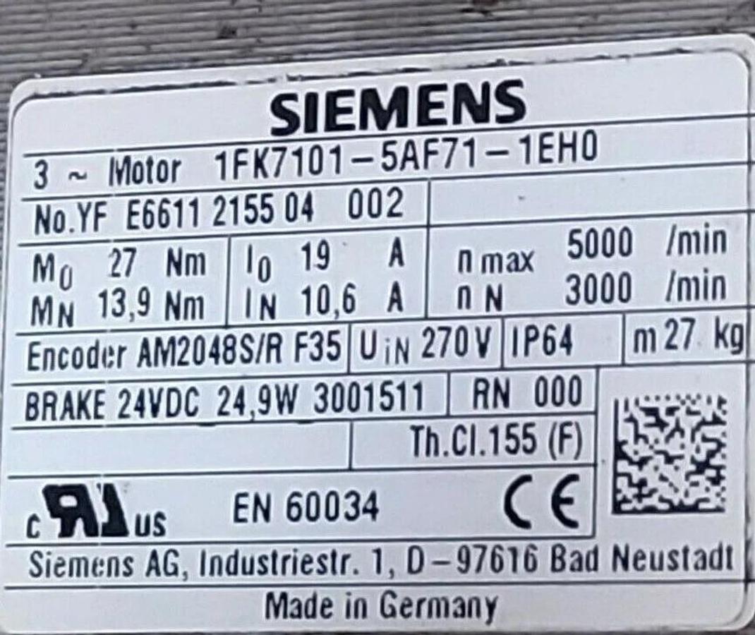 Refurbished SIEMENS 1FK7101-5AF71-1EH0 SIMOTICS S Servo Motor ENCODER A-2048 w/Brake REP.